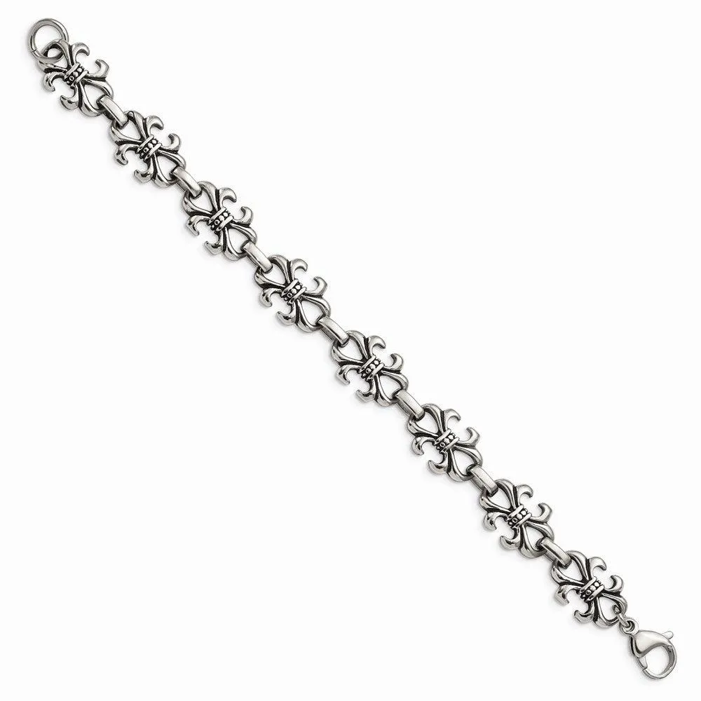Stainless Steel Polished and Antiqued Fleur de Lis Bracelet