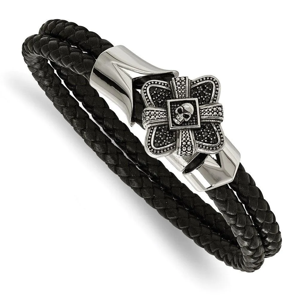 Stainless Steel Polished and Antiqued Leather Bracelet 
