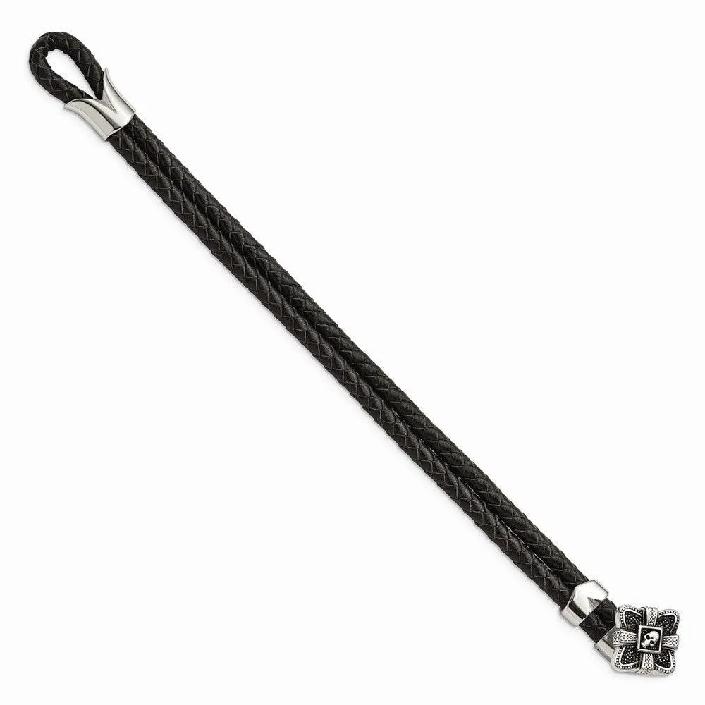 Stainless Steel Polished and Antiqued Leather Bracelet