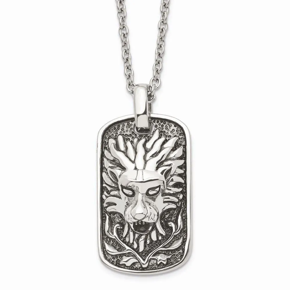 Stainless Steel Polished and Antiqued Lion Dog Tag Necklace 