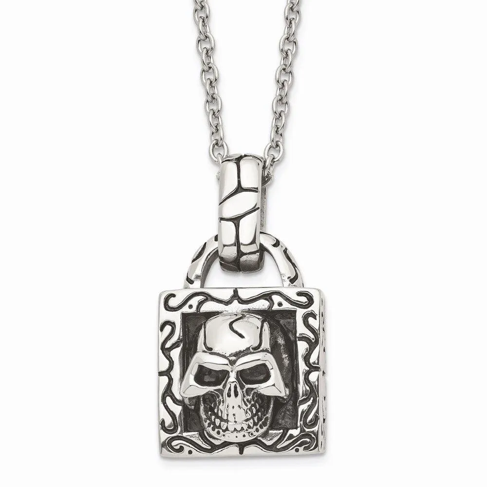 Stainless Steel Polished and Antiqued Skull Necklace 