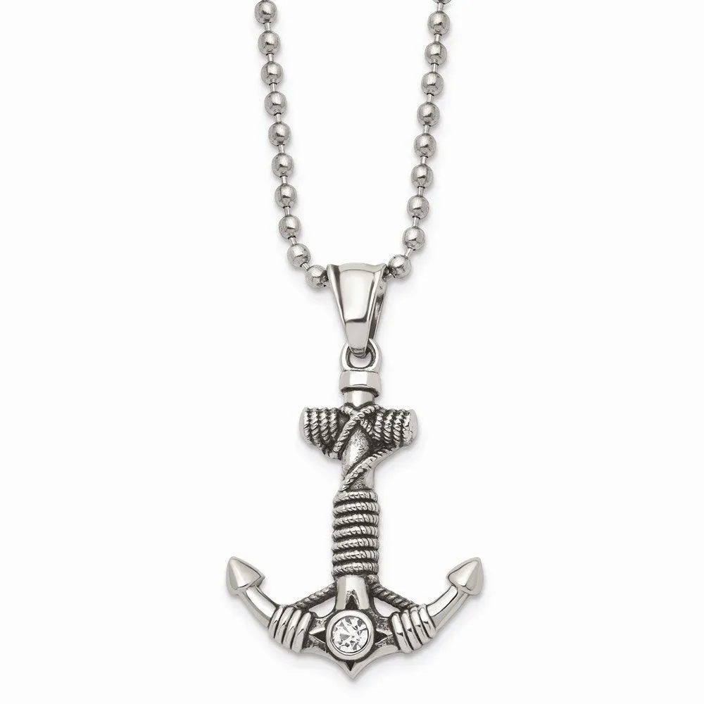 Stainless Steel Polished and Antiqued w/ CZ Anchor Necklace 