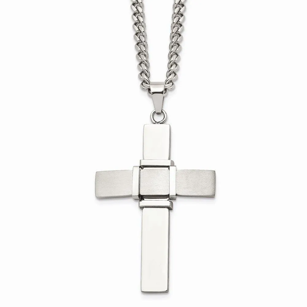 Stainless Steel Polished and Brushed Cross Necklace 