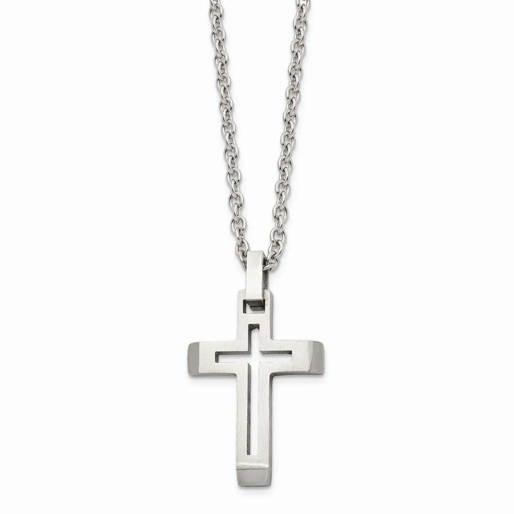 Stainless Steel Polished and Brushed Cut-out Cross Necklace