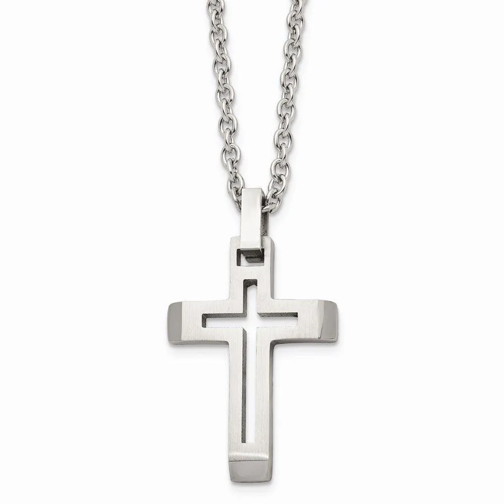 Stainless Steel Polished and Brushed Cut-out Cross Necklace 