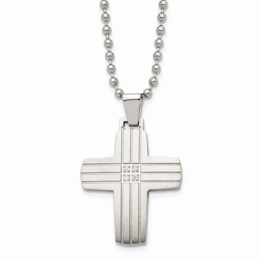 Stainless Steel Polished and Brushed CZ Cross Necklace 