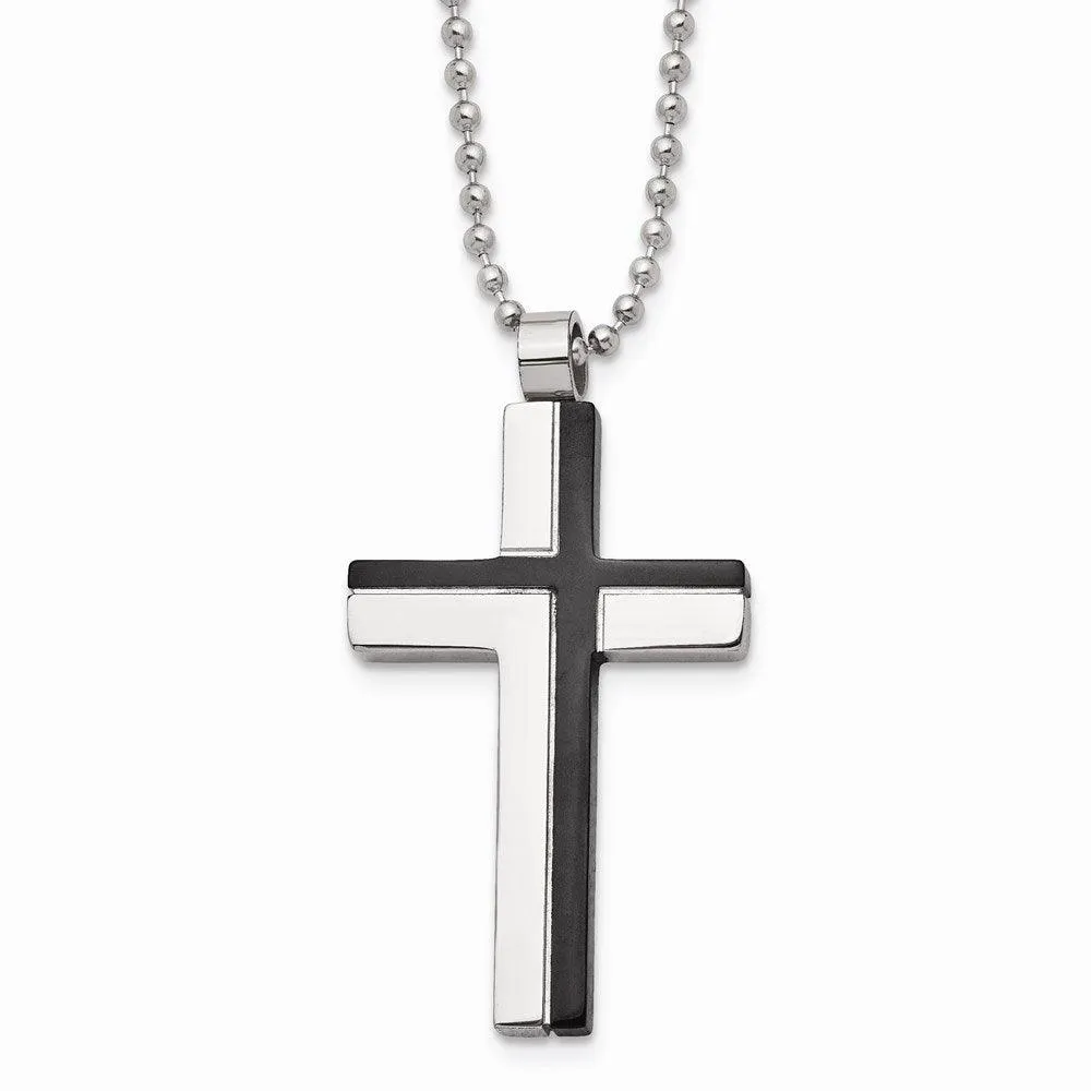 Stainless Steel Polished and Laser Cut Black IP Cross Necklace 