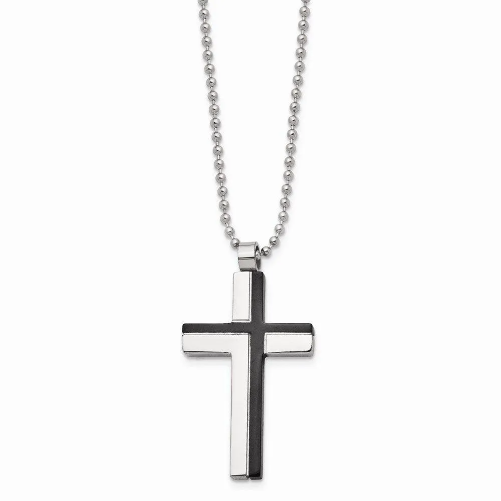 Stainless Steel Polished and Laser Cut Black IP Cross Necklace