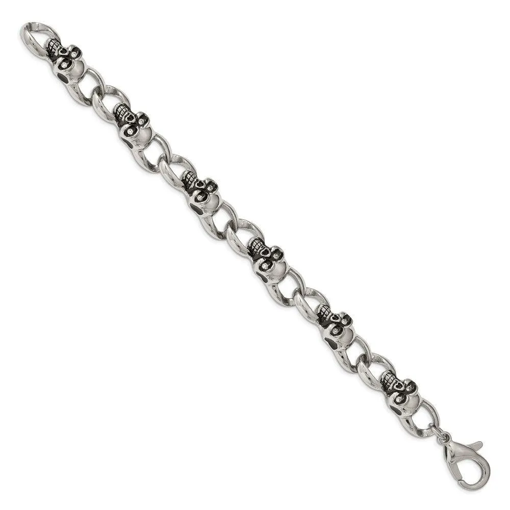 Stainless Steel Polished and Oxidized w/ CZ Skulls 9in. Bracelet