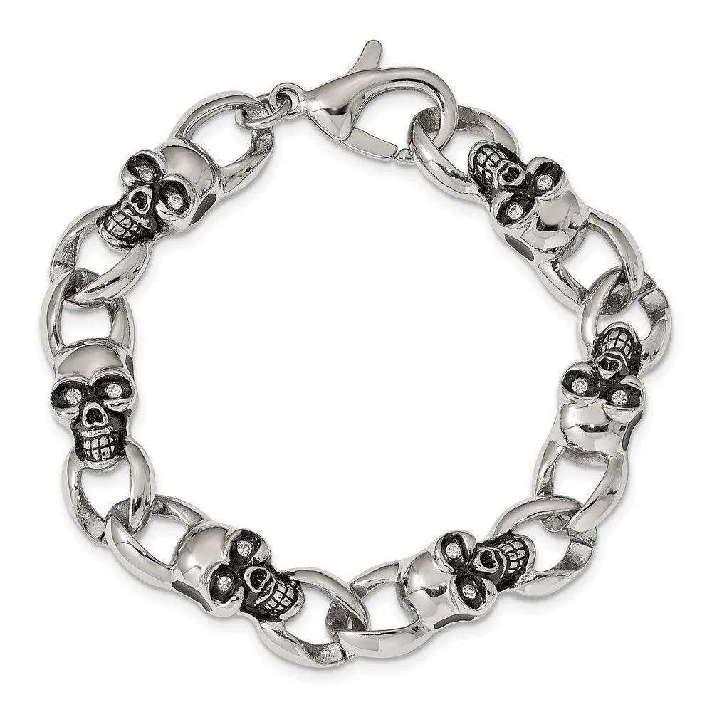 Stainless Steel Polished and Oxidized w/ CZ Skulls 9in. Bracelet