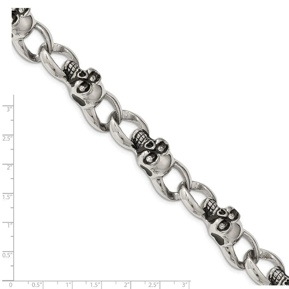 Stainless Steel Polished and Oxidized w/ CZ Skulls 9in. Bracelet