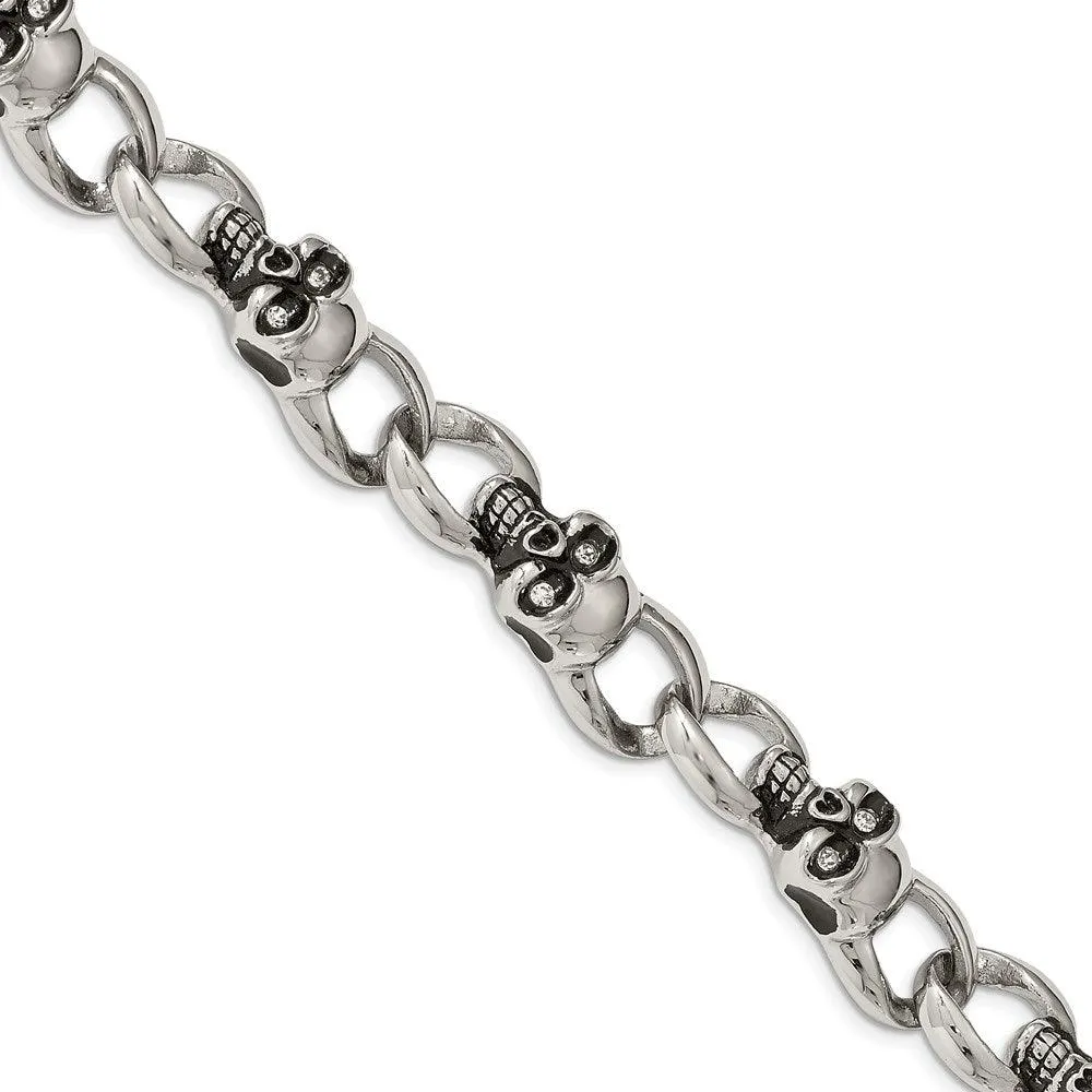 Stainless Steel Polished and Oxidized w/ CZ Skulls 9in. Bracelet 