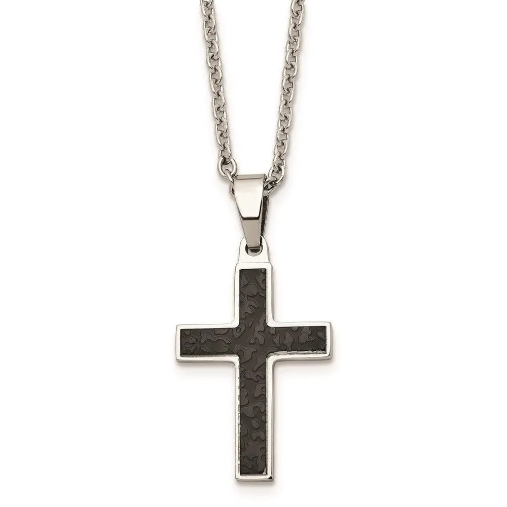 Stainless Steel Polished and Textured Black IP-plated Cross Necklace 