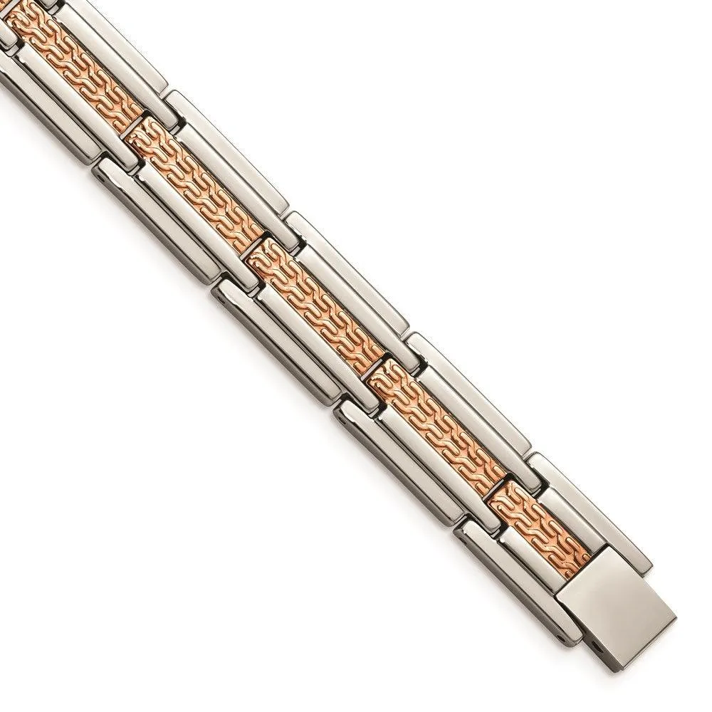 Stainless Steel Polished and Textured Rose Gold-plated 8.5 inch Bracelet 