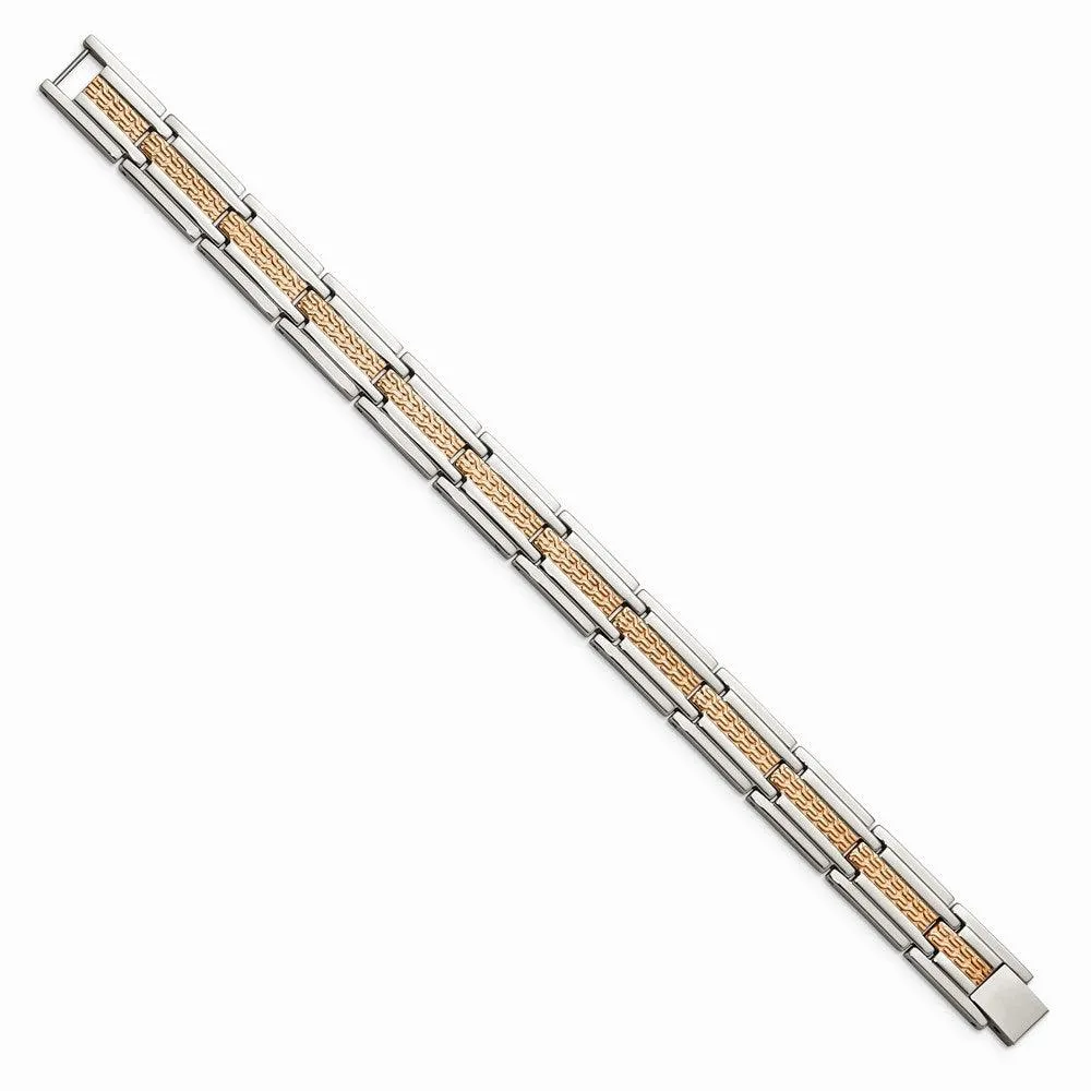 Stainless Steel Polished and Textured Rose Gold-plated 8.5 inch Bracelet