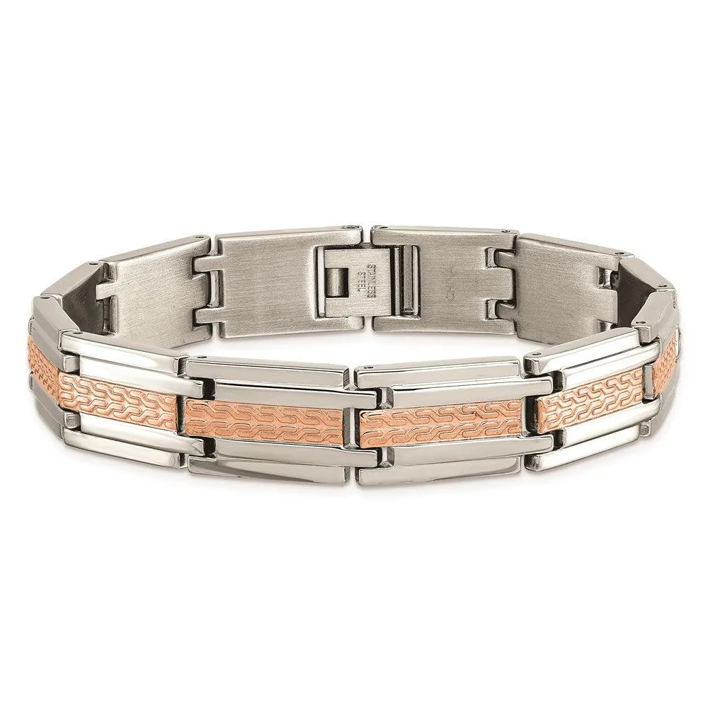 Stainless Steel Polished and Textured Rose Gold-plated 8.5 inch Bracelet