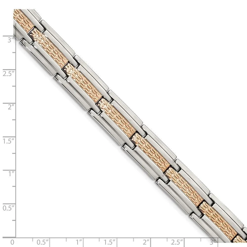Stainless Steel Polished and Textured Rose Gold-plated 8.5 inch Bracelet