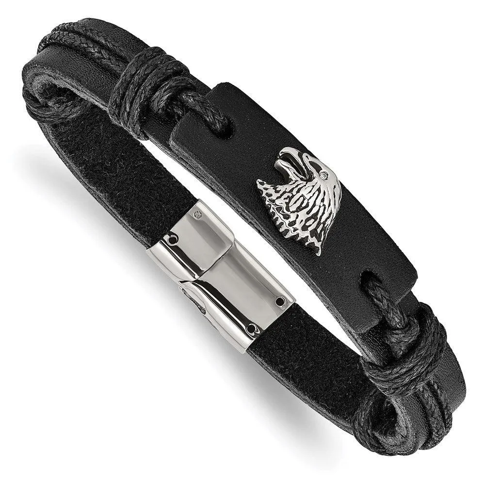 Stainless Steel Polished Antiqued Eagle Head Black Leather Bracelet 