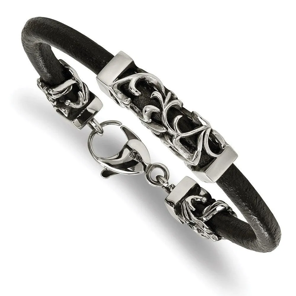 Stainless Steel Polished Antiqued Filigree Black Leather Cord Bracelet 