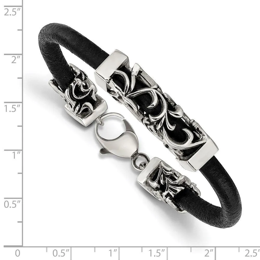 Stainless Steel Polished Antiqued Filigree Black Leather Cord Bracelet