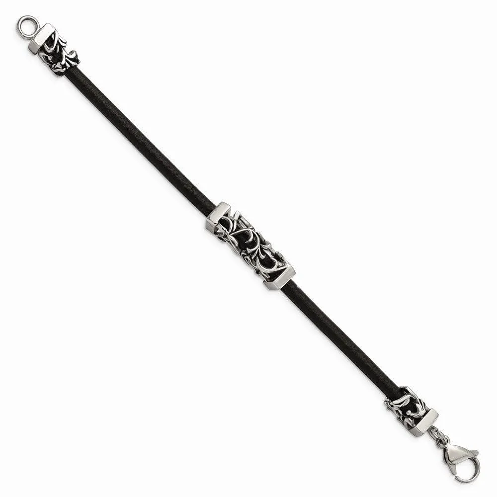 Stainless Steel Polished Antiqued Filigree Black Leather Cord Bracelet
