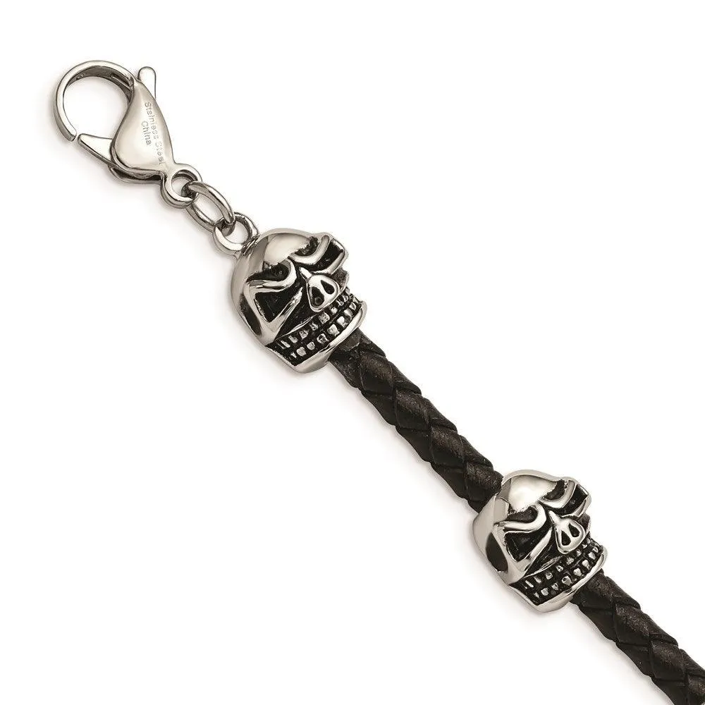 Stainless Steel Polished Antiqued Leather Skull Bracelet 