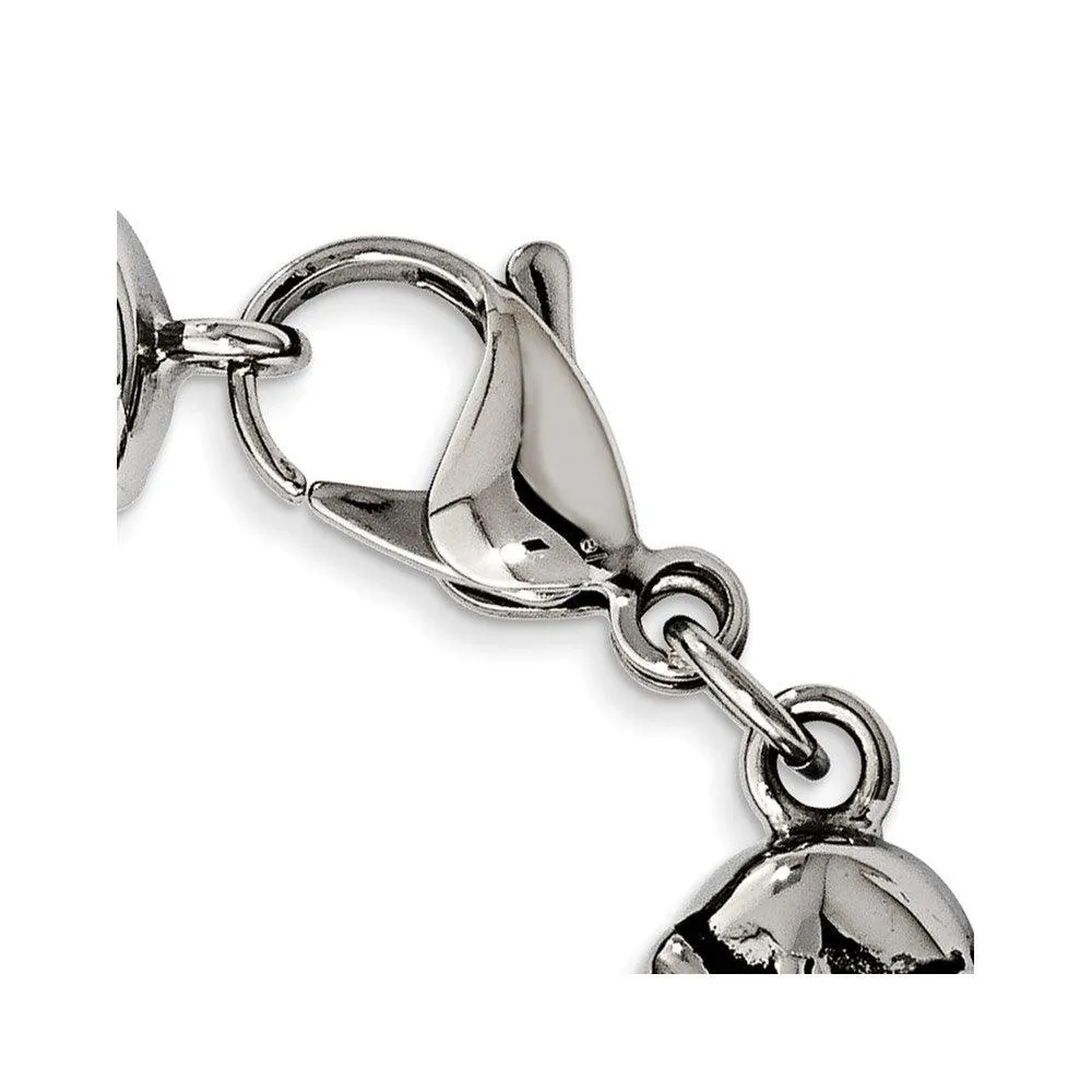 Stainless Steel Polished Antiqued Leather Skull Bracelet
