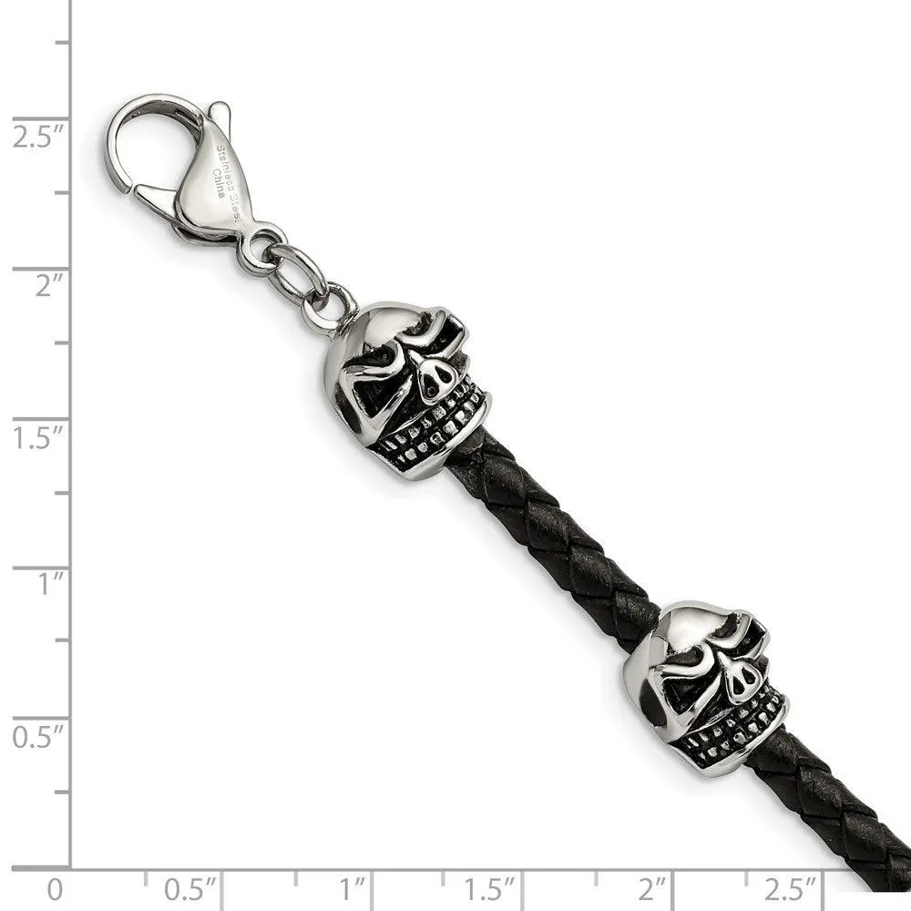 Stainless Steel Polished Antiqued Leather Skull Bracelet