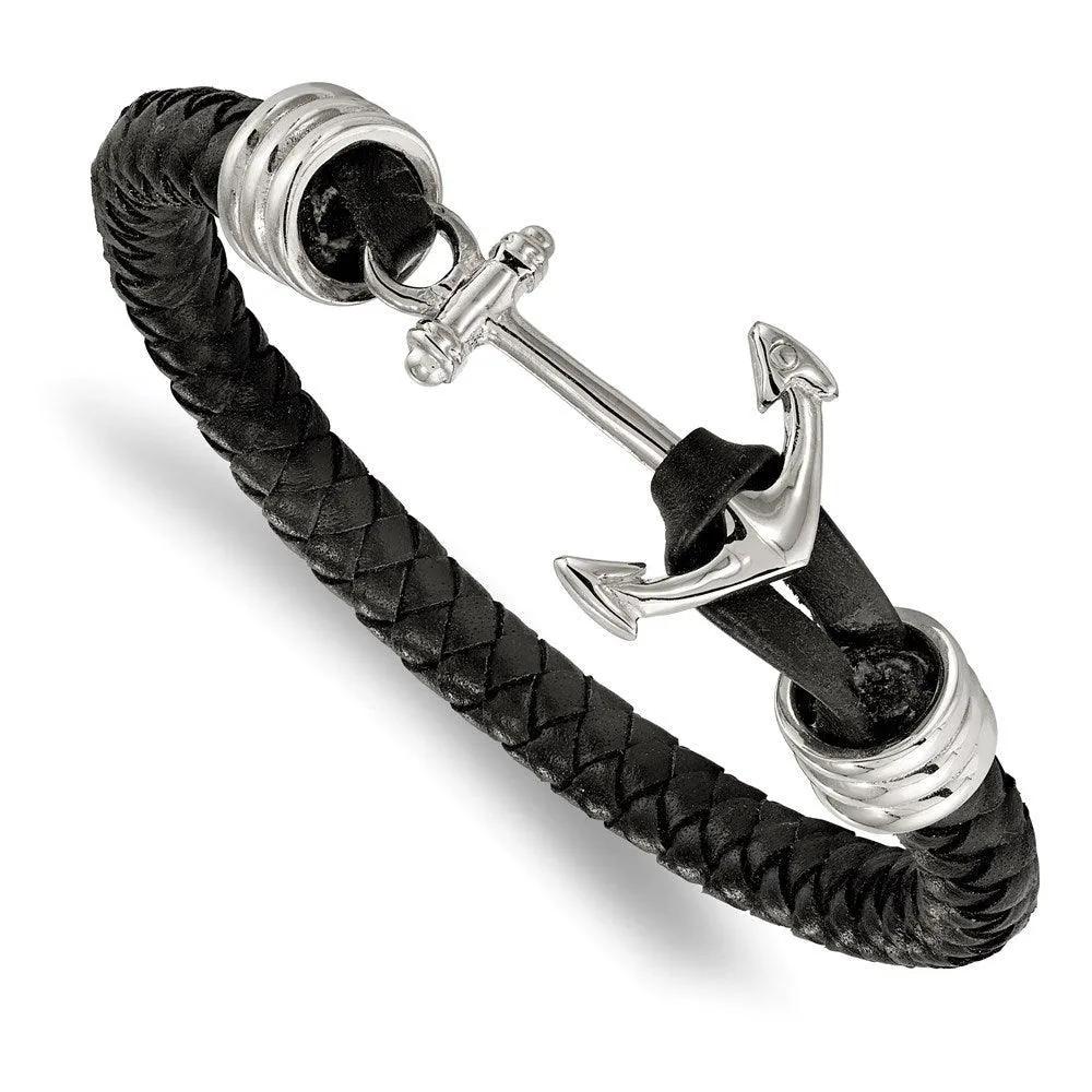 Stainless Steel Polished Black Braided Leather Anchor 8.5in Bracelet 