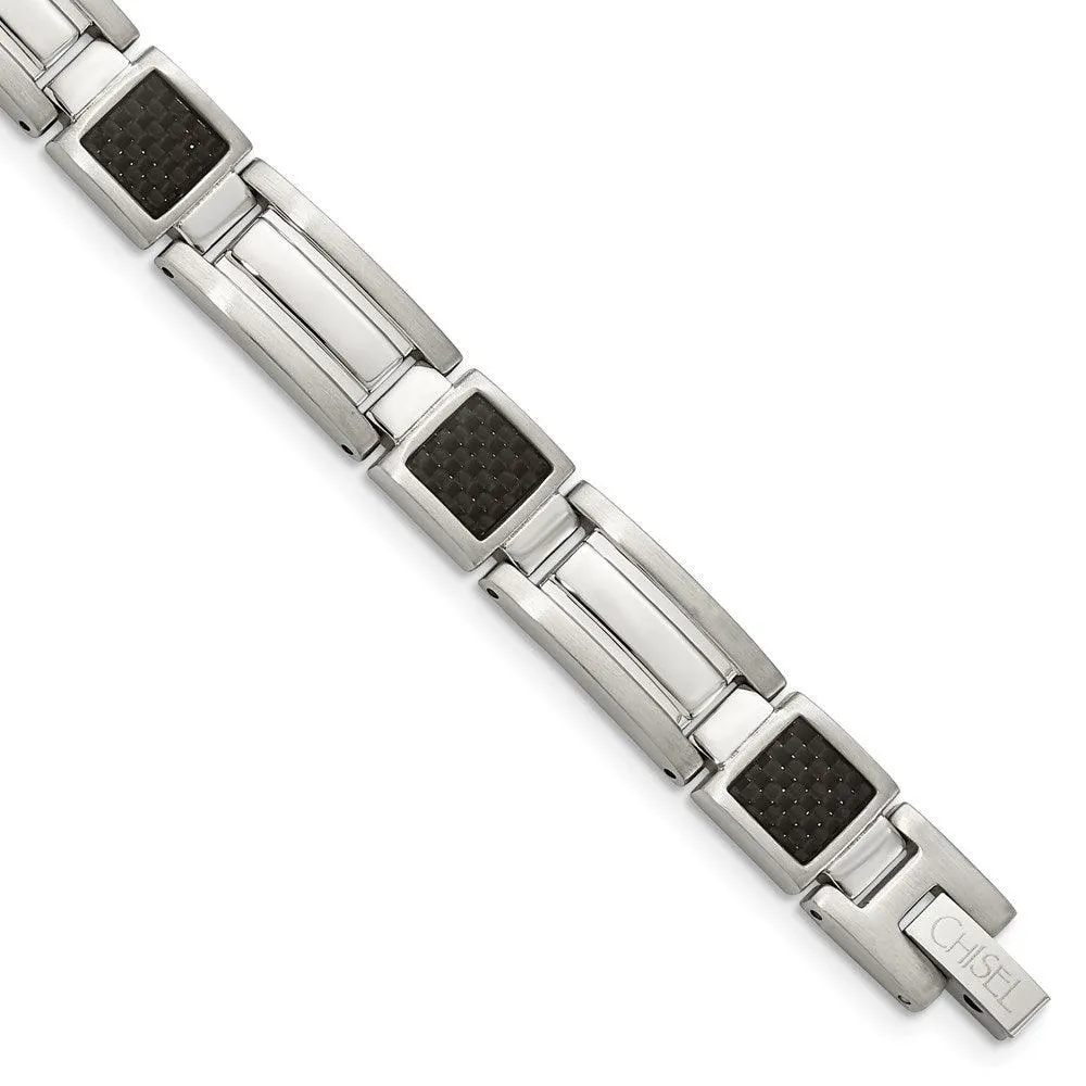 Stainless Steel Polished Black Carbon Fiber Inlay 8.75in Bracelet 