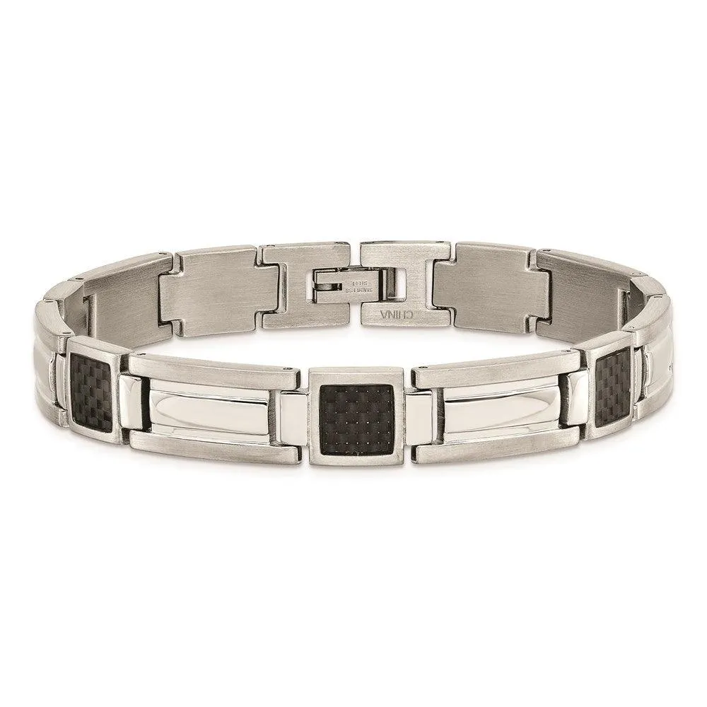 Stainless Steel Polished Black Carbon Fiber Inlay 8.75in Bracelet