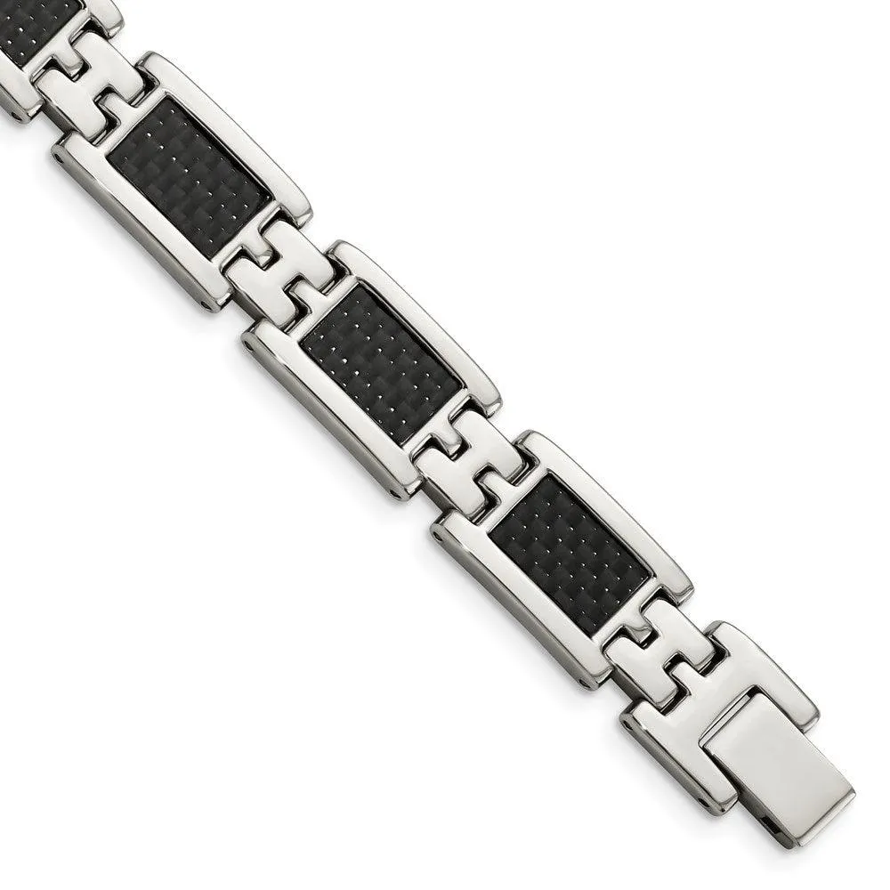 Stainless Steel Polished Black Carbon Fiber Inlay 9in Bracelet 