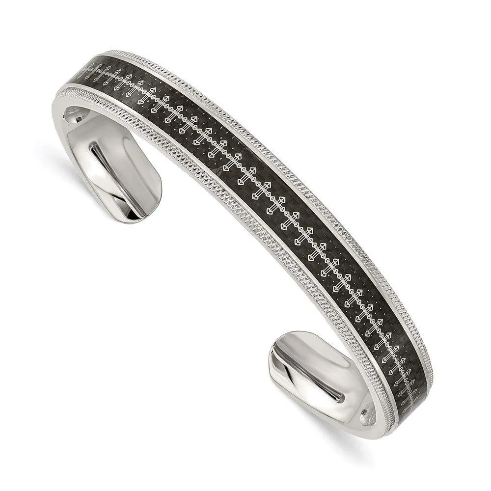 Stainless Steel Polished Black Carbon Fiber Inlay Crosses Bangle 
