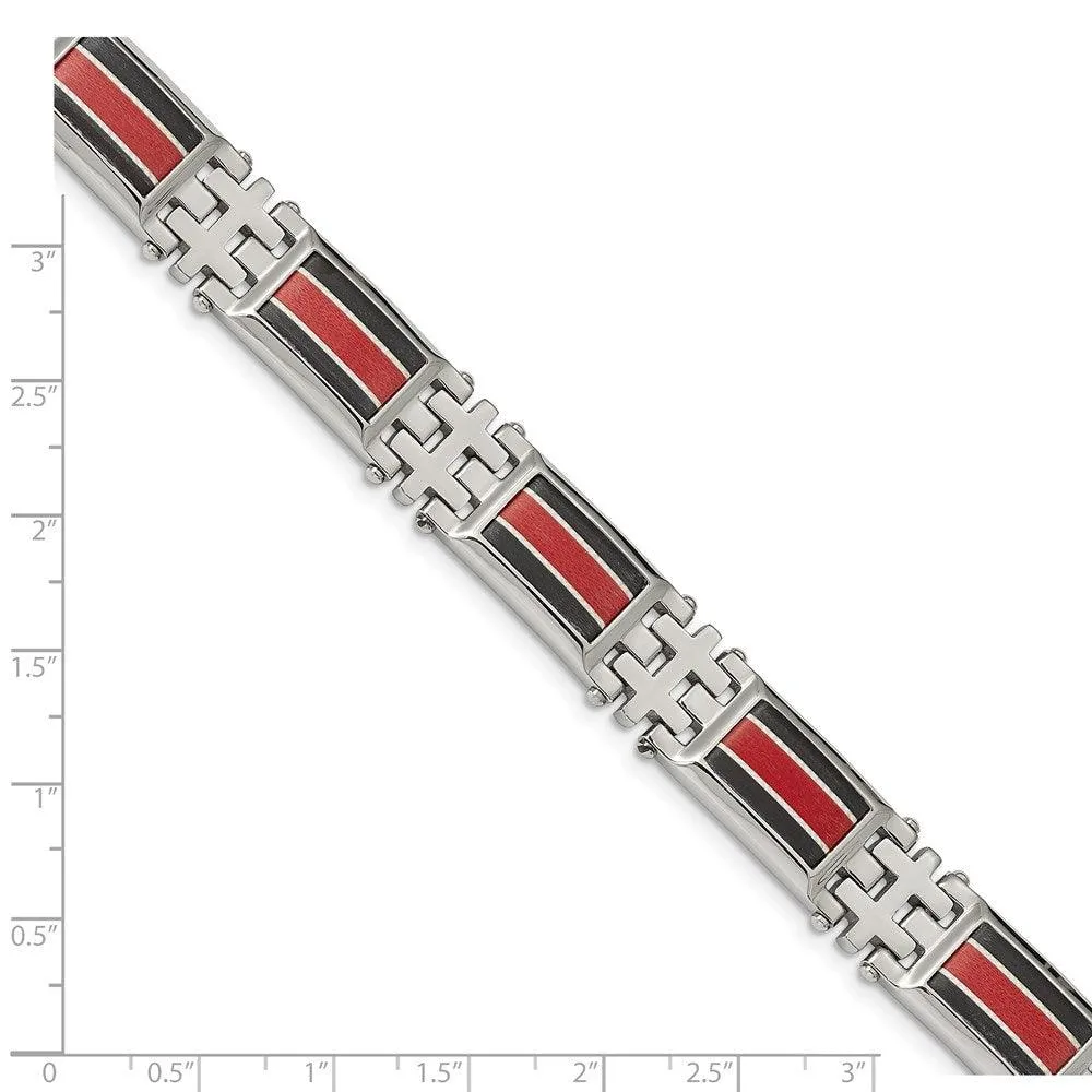 Stainless Steel Polished Black Carbon Fiber/Red Fiber Glass Inlay Bracelet