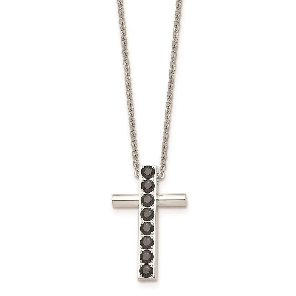 Stainless Steel Polished Black CZs Cross Necklace 