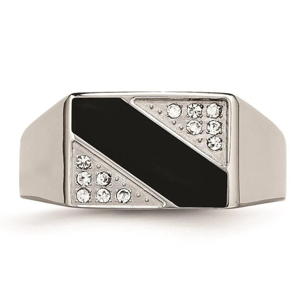 Stainless Steel Polished Black Enameled CZ Signet Ring