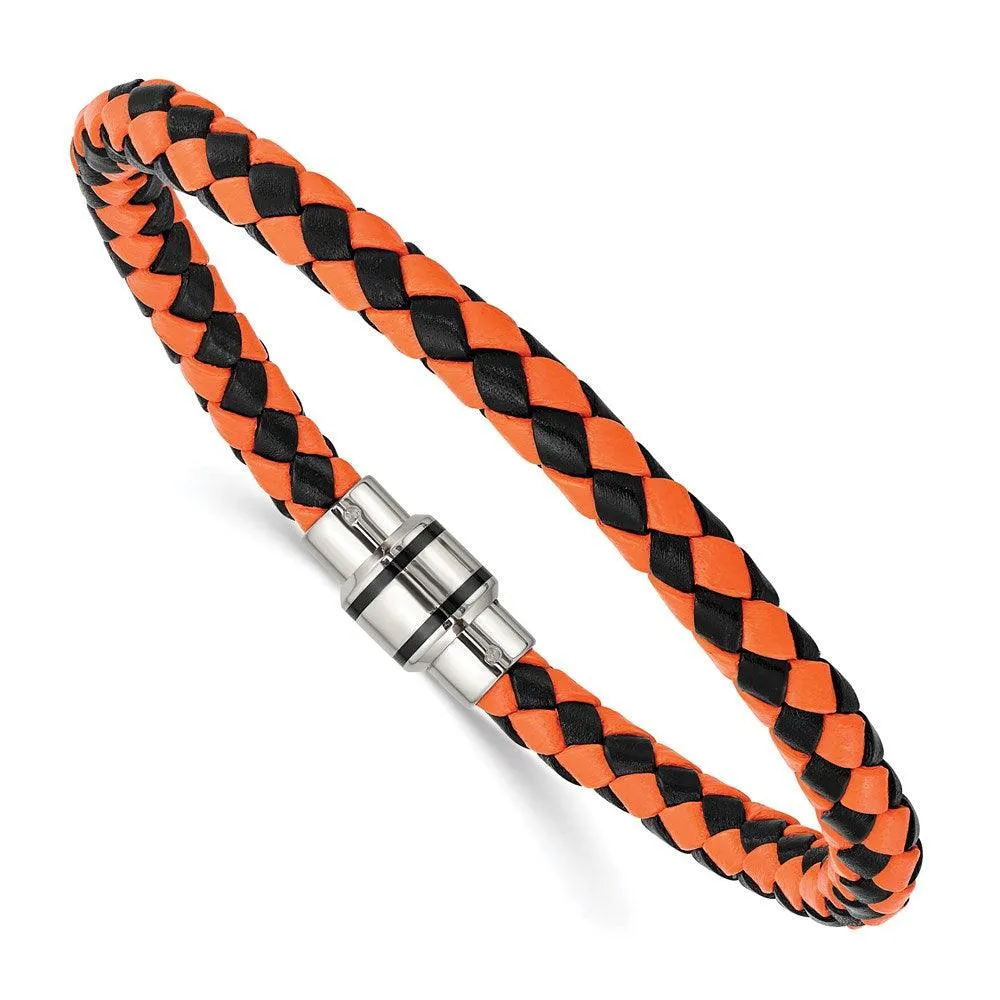 Stainless Steel Polished Black IP Black/Orange Woven Leather Bracelet 