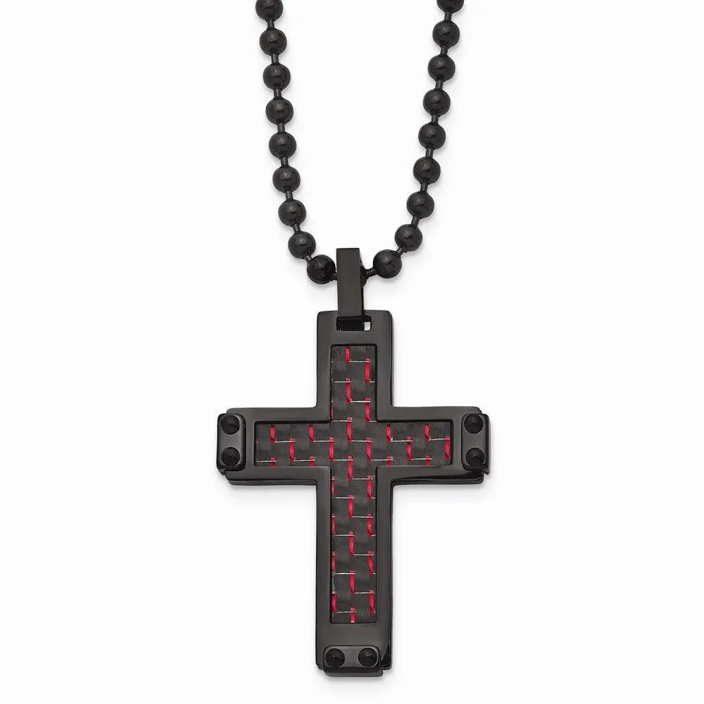 Stainless Steel Polished Black IP Blk/Red Carbon Fiber Inlay Cross Necklace 