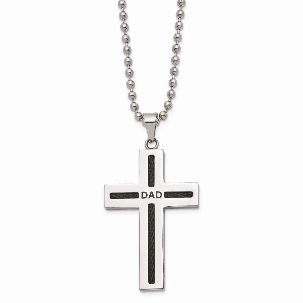 Stainless Steel Polished Black IP Cable Dad Cross Necklace 