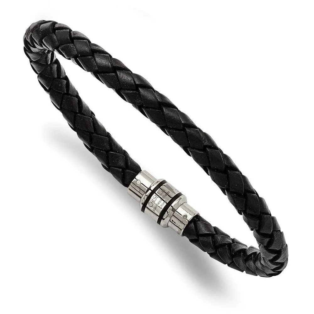 Stainless Steel Polished Black IP-plated Black Woven Leather Bracelet 