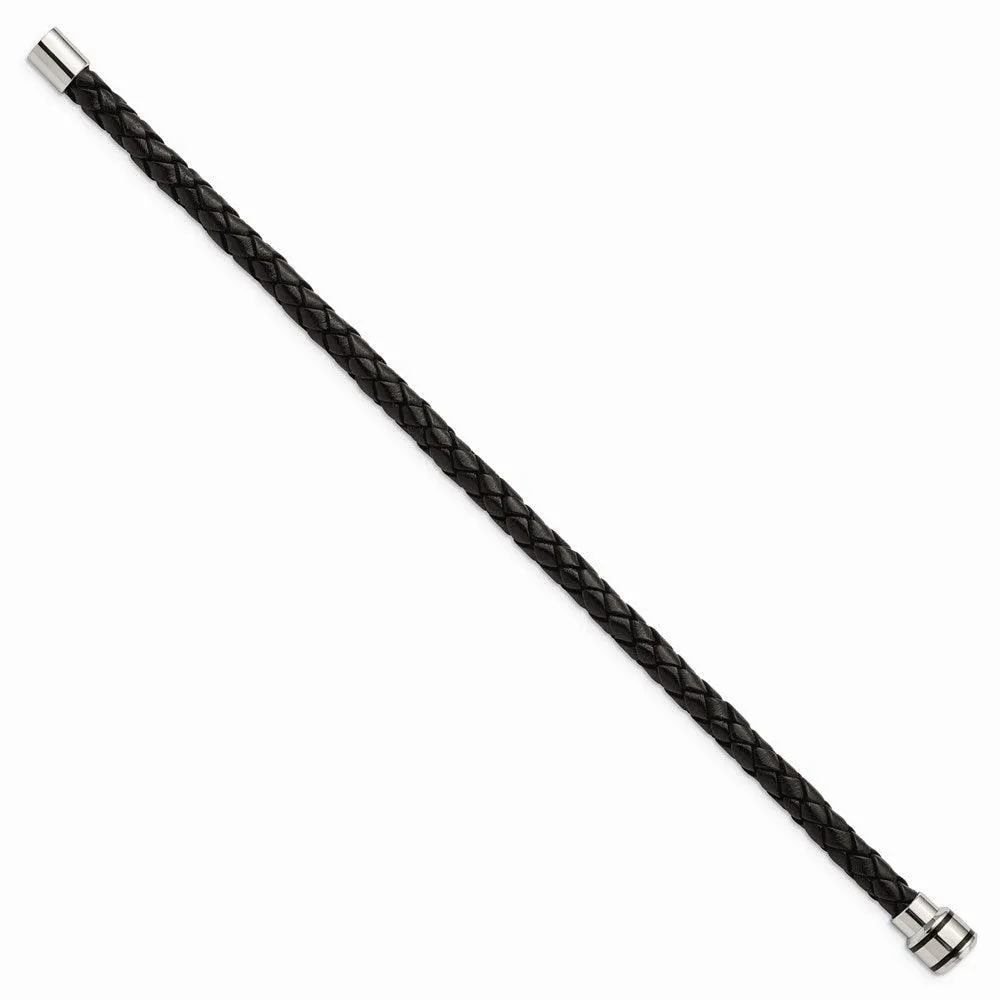 Stainless Steel Polished Black IP-plated Black Woven Leather Bracelet