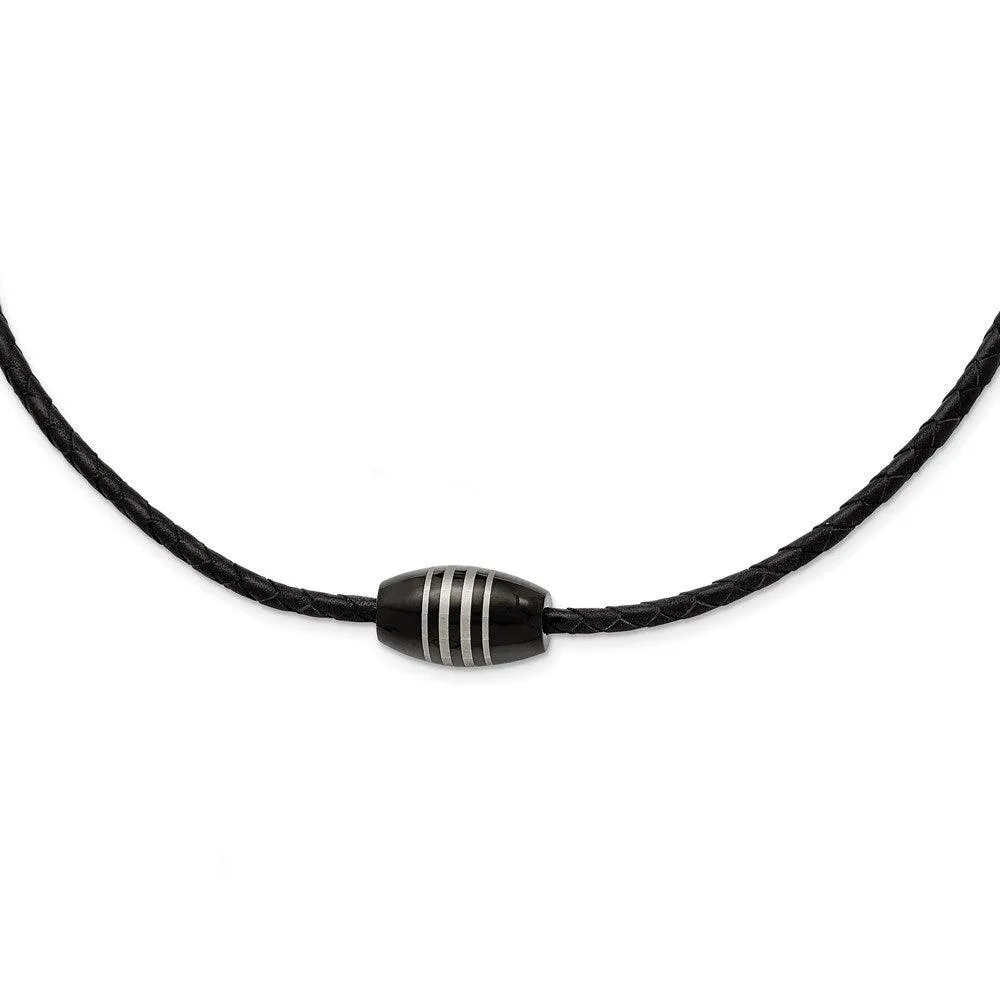Stainless Steel Polished Black IP-plated Leather Cord Necklace 