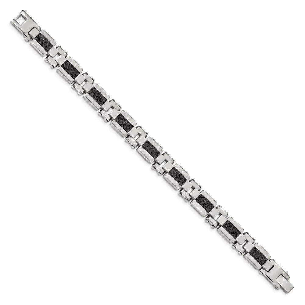 Stainless Steel Polished Black IP-plated Textured Wire Inlay 8.5in Bracelet