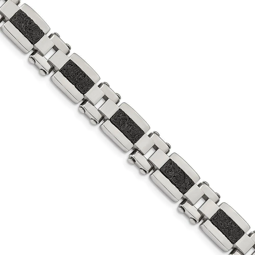 Stainless Steel Polished Black IP-plated Textured Wire Inlay 8.5in Bracelet 
