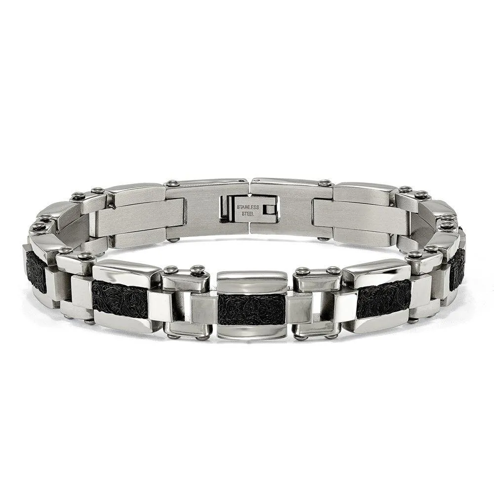 Stainless Steel Polished Black IP-plated Textured Wire Inlay 8.5in Bracelet