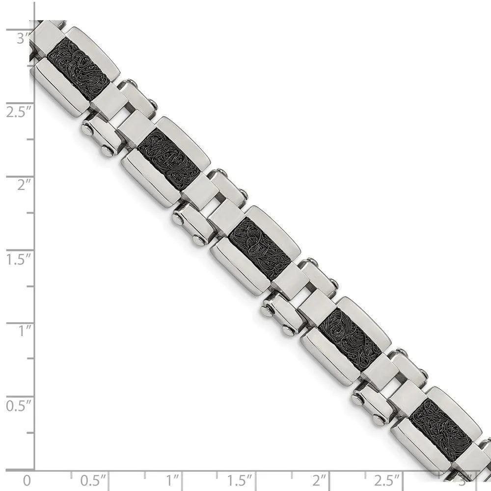 Stainless Steel Polished Black IP-plated Textured Wire Inlay 8.5in Bracelet