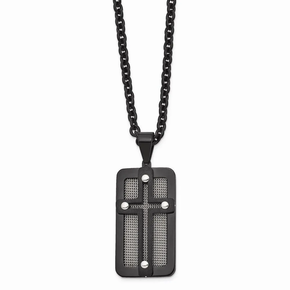 Stainless Steel Polished Black IP-plated w/ Wire Inlay Cross Necklace 