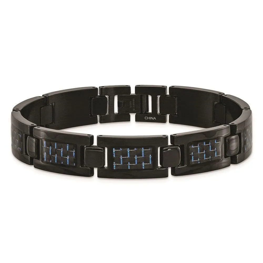 Stainless Steel Polished Black IP-plated w/Blue Carbon Fiber Inlay Bracelet