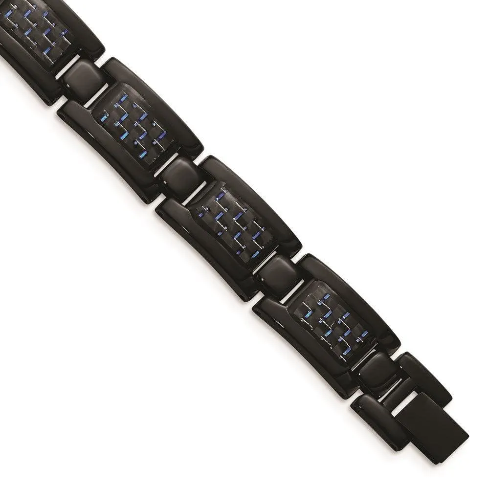Stainless Steel Polished Black IP-plated w/Blue Carbon Fiber Inlay Bracelet 