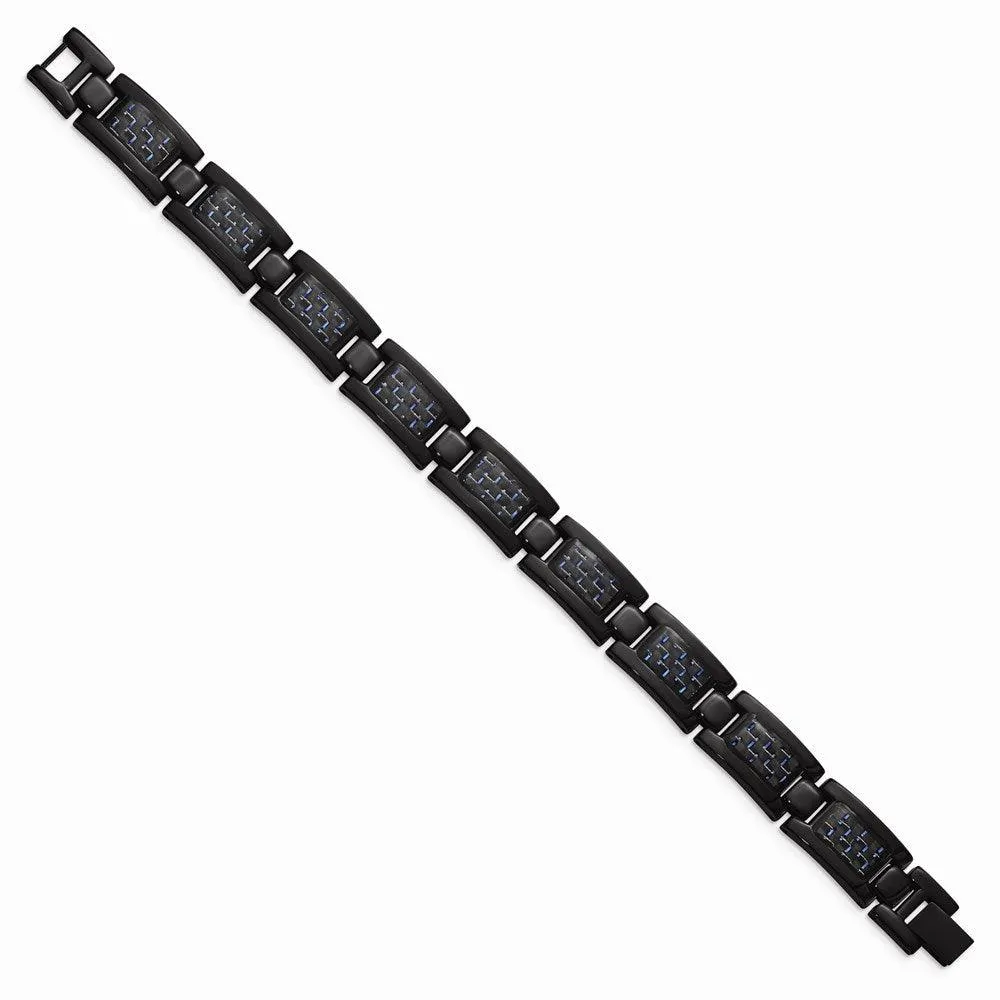 Stainless Steel Polished Black IP-plated w/Blue Carbon Fiber Inlay Bracelet
